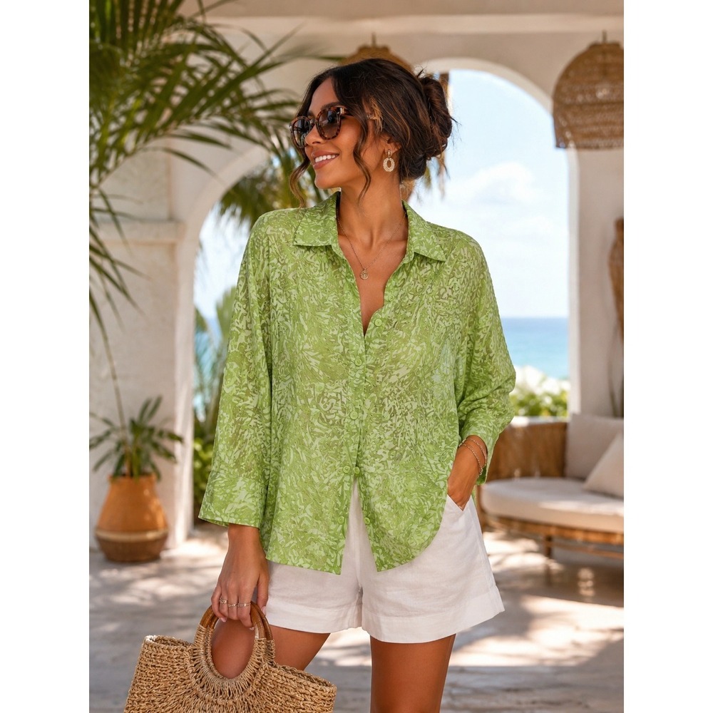 Ruby Rd. Womens Green Burnout Abstract Pattern Button Down Blouse Size 18